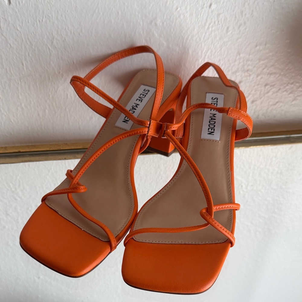 Steve Madden Orange Strappy Square-Toe Block Heels